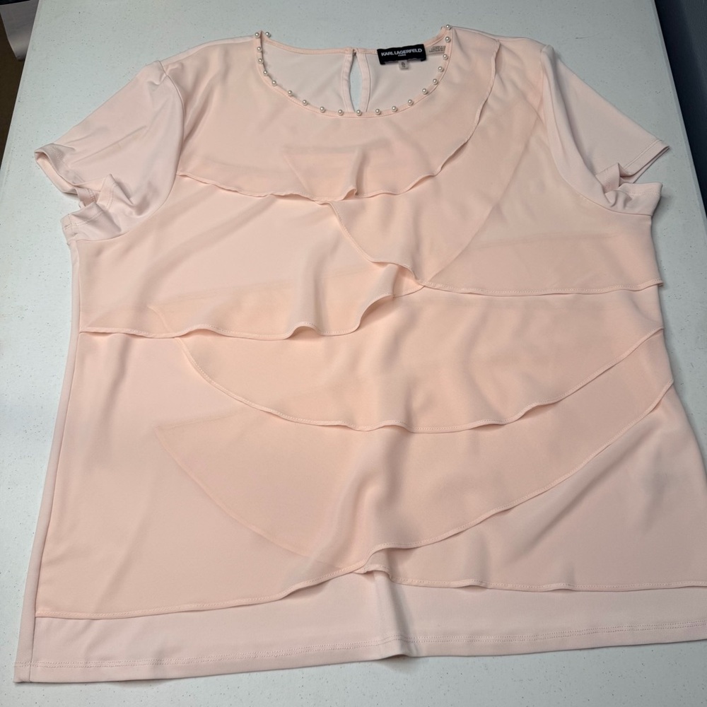 Karl Lagerfeld Paris Tiered Short Sleeve Soft Pink Layered Blouse - Picture 11 of 13
